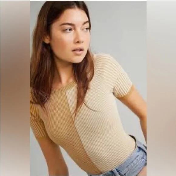 FREE PEOPLE BLOCK PARTY SWIT BODYSUIT BEIGE TAN COLORBLOCK SMALL - Picture 1 of 9